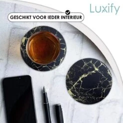 Luxe Leren Marmeren Onderzetters Met Houder - 16 Stuks - Onderleggers Voor Glazen - Glasonderzetters Voor Op Tafel - Coasters - Zwart / Goud - Rond -Skimask 1200x1200 4572