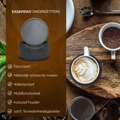 Easavida – Onderzetters Voor Glazen – 8 Stuks – Siliconen – Onderlegger – Inclusief Houder – Inclusief E-book – Zwart – Rond Design -Skimask 1200x1200 4581