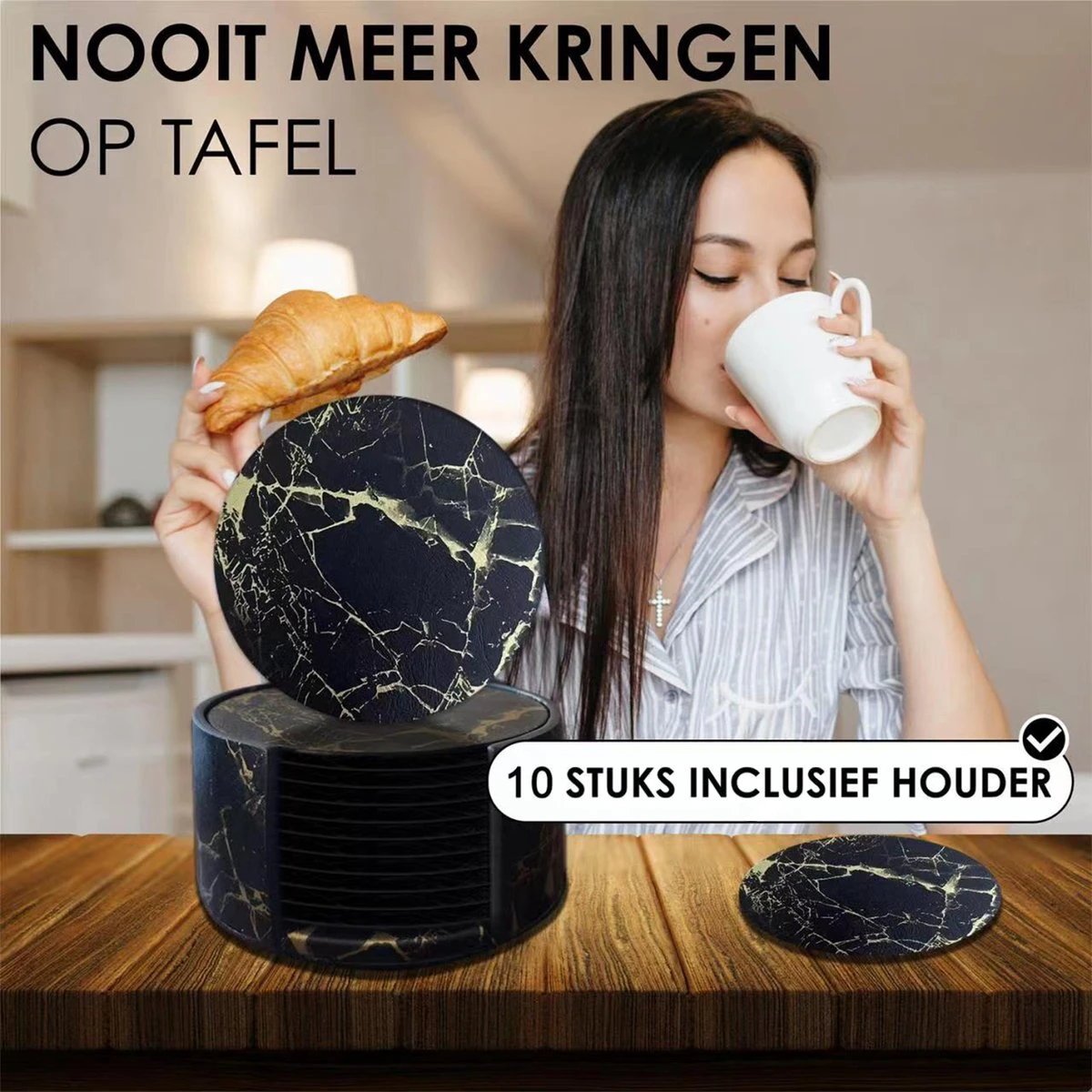 Luxe Leren Marmeren Onderzetters Met Houder - 10 Stuks - Onderleggers Voor Glazen - Glasonderzetters Voor Op Tafel - Coasters - Zwart / Goud - Rond 4 Luxe Leren Marmeren Onderzetters Met Houder - 10 Stuks - Onderleggers Voor Glazen - Glasonderzetters Voor Op Tafel - Coasters - Zwart / Goud - Rond - Afbeelding 2