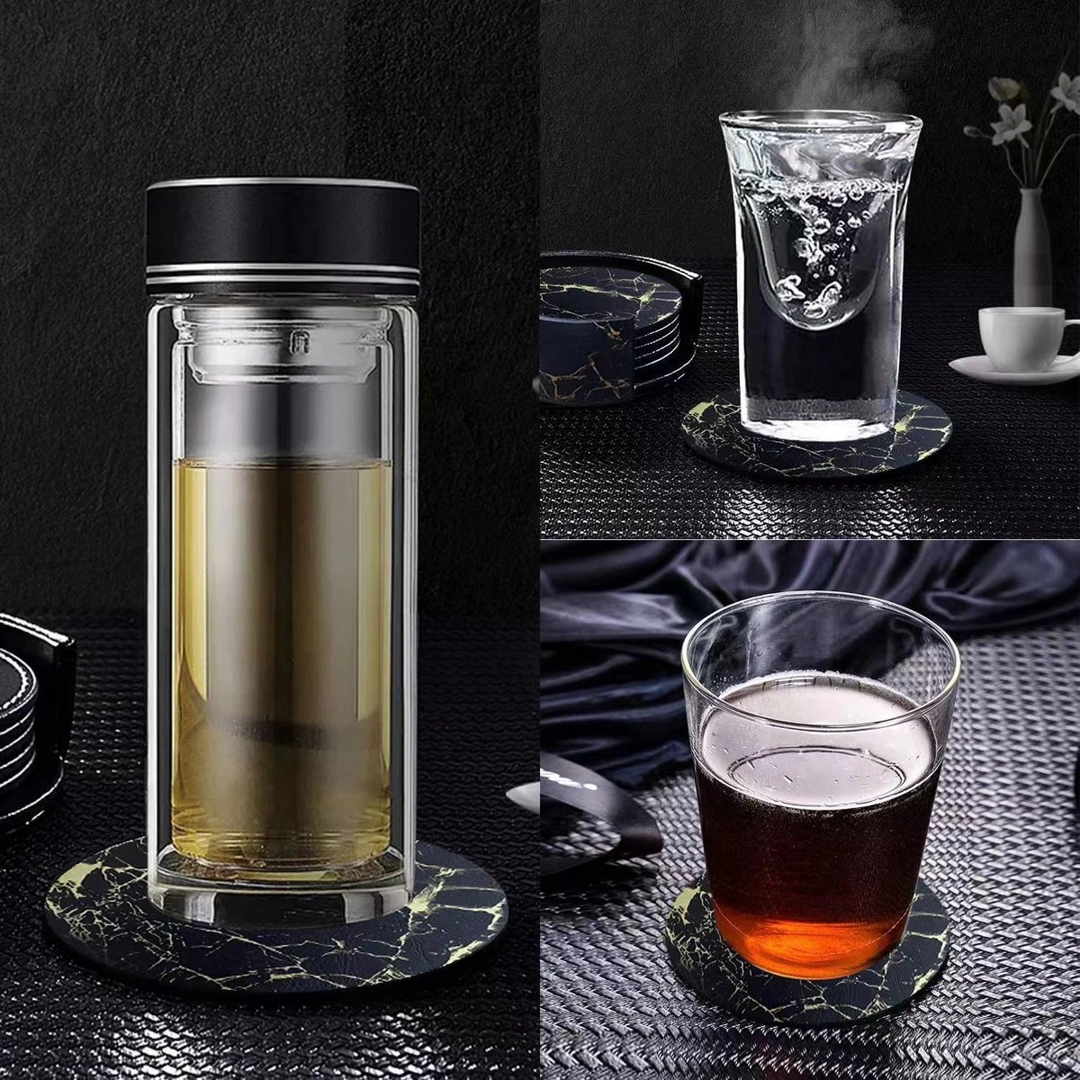 Luxe Leren Marmeren Onderzetters Met Houder - 10 Stuks - Onderleggers Voor Glazen - Glasonderzetters Voor Op Tafel - Coasters - Zwart / Goud - Rond 9 Luxe Leren Marmeren Onderzetters Met Houder - 10 Stuks - Onderleggers Voor Glazen - Glasonderzetters Voor Op Tafel - Coasters - Zwart / Goud - Rond - Afbeelding 7