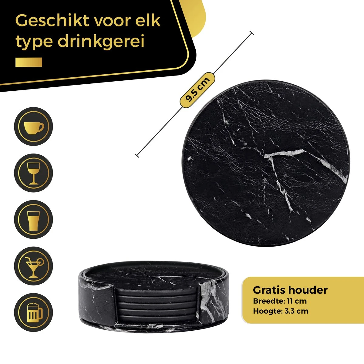 Swissl Leren Onderzetters - Marmer Onderzetters Voor Glazen - Kunstleren Onderleggers Met Houder - Glasonderzetters - Coasters – Zwart - Rond 7 Swissl Leren Onderzetters - Marmer Onderzetters Voor Glazen - Kunstleren Onderleggers Met Houder - Glasonderzetters - Coasters – Zwart - Rond - Afbeelding 5