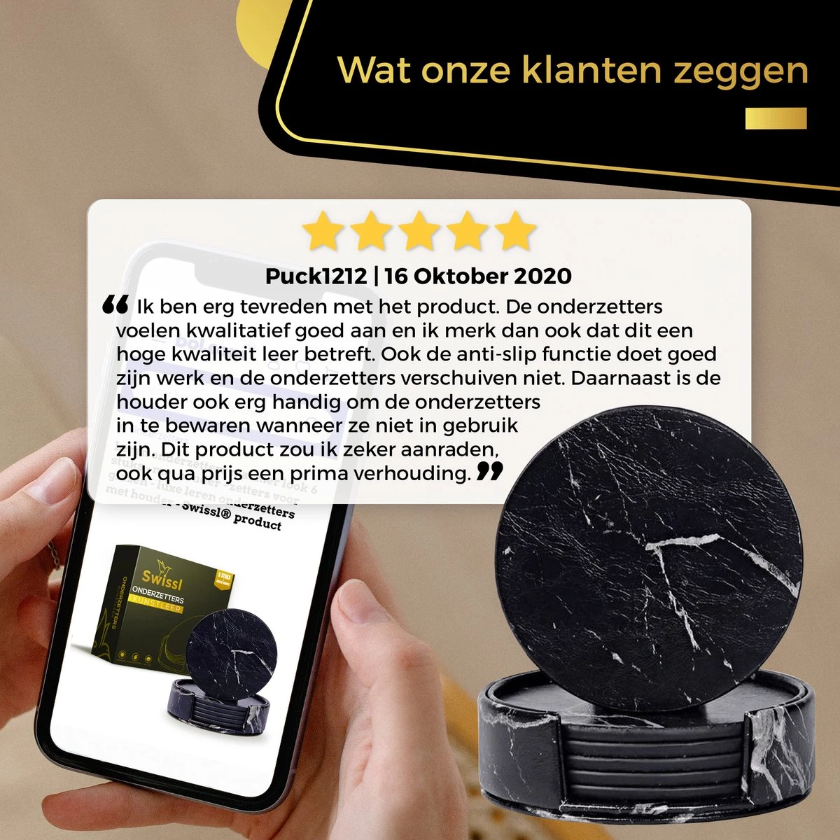 Swissl Leren Onderzetters - Marmer Onderzetters Voor Glazen - Kunstleren Onderleggers Met Houder - Glasonderzetters - Coasters – Zwart - Rond 8 Swissl Leren Onderzetters - Marmer Onderzetters Voor Glazen - Kunstleren Onderleggers Met Houder - Glasonderzetters - Coasters – Zwart - Rond - Afbeelding 6