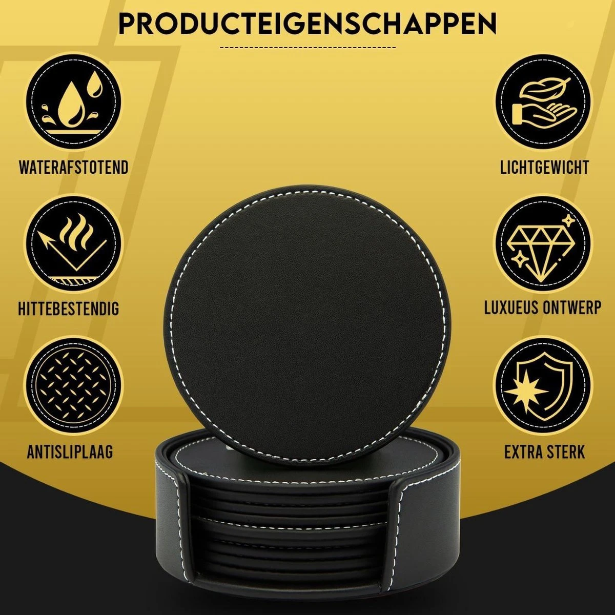 Vaja Trends Luxe Leren Onderzetters Voor Glazen - Met Houder - Set Van 10 - Zwart - Waterafstotend En Hittebestendig 12 Vaja Trends Luxe Leren Onderzetters Voor Glazen - Met Houder - Set Van 10 - Zwart - Waterafstotend En Hittebestendig - Afbeelding 10