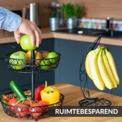 Chefarone Fruit Etagère Met Bananenstandaard - Fruitmand Metaal - Bananenhouder - Fruitschaal 2 Laags - Groentemand - Zwart -Skimask 1200x1200 4708