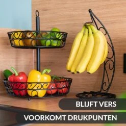 Chefarone Fruit Etagère Met Bananenstandaard - Fruitmand Metaal - Bananenhouder - Fruitschaal 2 Laags - Groentemand - Zwart -Skimask 1200x1200 4709