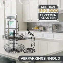 Chefarone Fruit Etagère Met Bananenstandaard - Fruitmand Metaal - Bananenhouder - Fruitschaal 2 Laags - Groentemand - Zwart -Skimask 1200x1200 4712