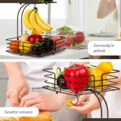 SensaHome - Fruitmand Met Bananenhouder - Vierkant 2-Laags Zwart - Fruitschaal - Etagere - Metaal - Industrial - Modern -Skimask 1200x1200 4779