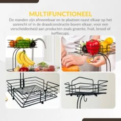 SensaHome - Fruitmand Met Bananenhouder - Vierkant 2-Laags Zwart - Fruitschaal - Etagere - Metaal - Industrial - Modern -Skimask 1200x1200 4780