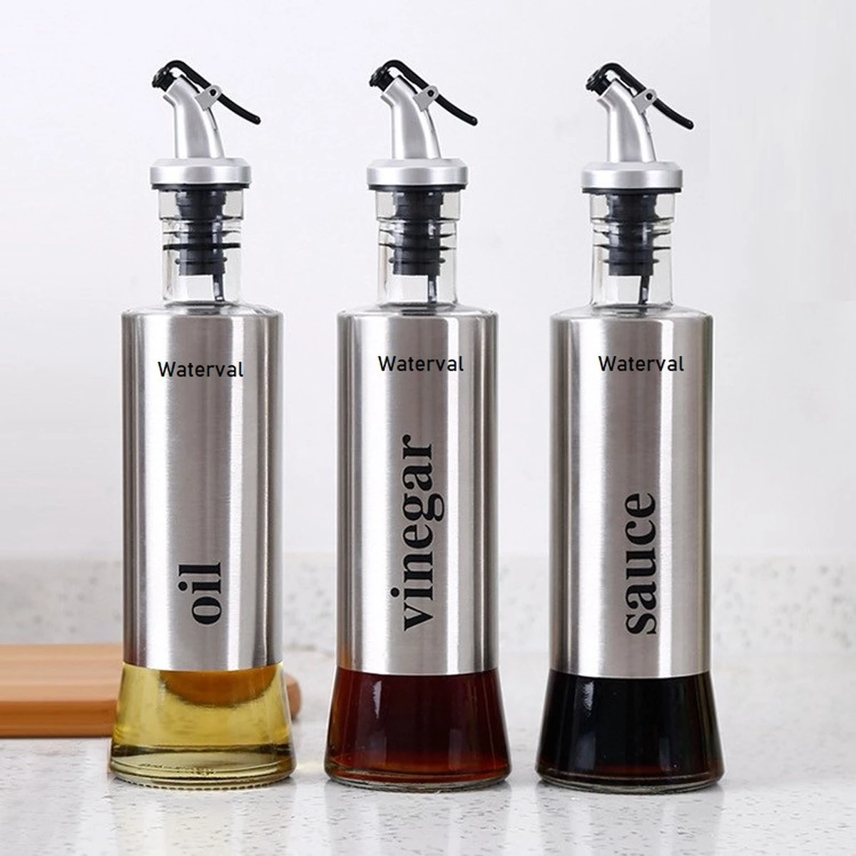 Waterval RVS Olijfoliefles Set Deluxe 500ML - Olieflessen Met Schenktuit – 3 Olijfolie Flessen - Olie Fles Glas - Cadeautip 3 Waterval RVS Olijfoliefles Set Deluxe 500ML - Olieflessen Met Schenktuit – 3 Olijfolie Flessen - Olie Fles Glas - Cadeautip