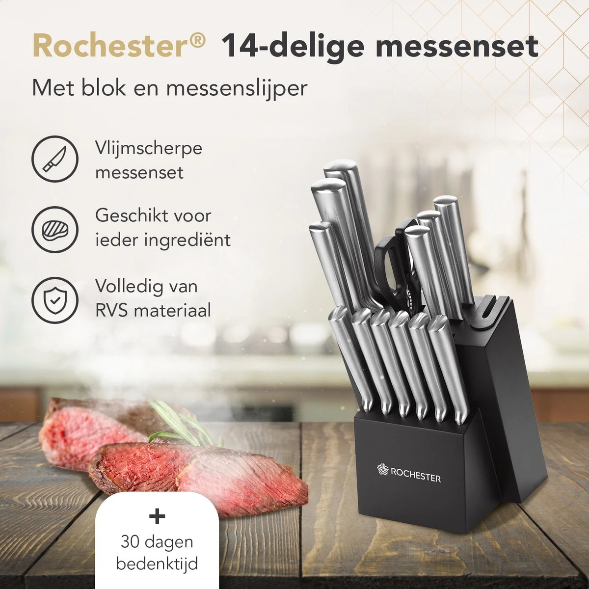 Rochester 14-delige Messenset Met Blok En Messenslijper - Keukenmessen Met Messenblok - RVS - Krasbestendige Coating 10 Rochester 14-delige Messenset Met Blok En Messenslijper - Keukenmessen Met Messenblok - RVS - Krasbestendige Coating - Afbeelding 8
