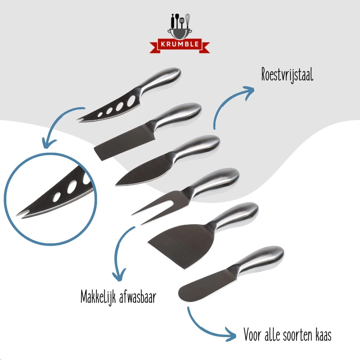 Krumble Kaasmessen Set Van 6 - Kaasmesjes - Kaasmessenset Voor Alle Kaassoorten - Smeermesje - Vaatwasserbestendig - RVS - Zilver 9 Krumble Kaasmessen Set Van 6 - Kaasmesjes - Kaasmessenset Voor Alle Kaassoorten - Smeermesje - Vaatwasserbestendig - RVS - Zilver - Afbeelding 7