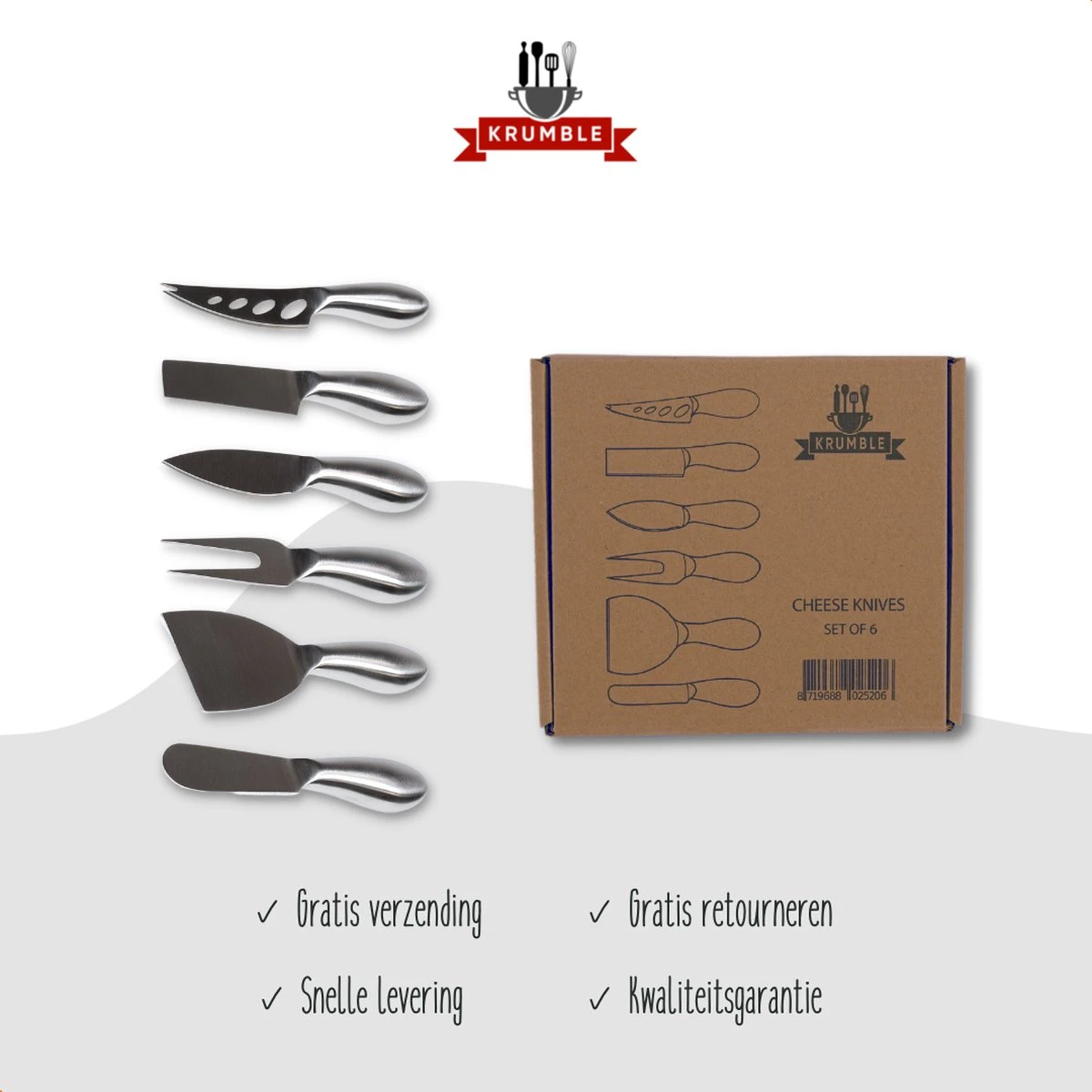 Krumble Kaasmessen Set Van 6 - Kaasmesjes - Kaasmessenset Voor Alle Kaassoorten - Smeermesje - Vaatwasserbestendig - RVS - Zilver 10 Krumble Kaasmessen Set Van 6 - Kaasmesjes - Kaasmessenset Voor Alle Kaassoorten - Smeermesje - Vaatwasserbestendig - RVS - Zilver - Afbeelding 8