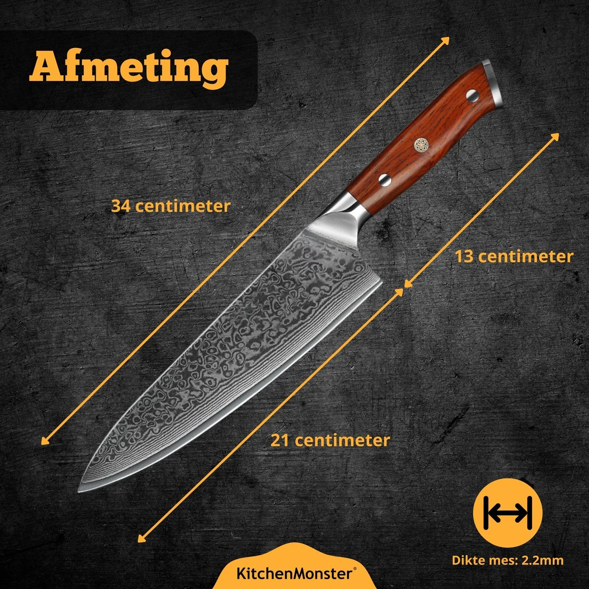 KitchenMonster® Koksmes Damascus Mes 34 Cm - Keukenmes Geschikt Voor Vlees/Vis/Groenten/Brood - 67 Lagen Damascus Staal - Inclusief Houten Mesbeschermer 5 KitchenMonster® Koksmes Damascus Mes 34 Cm - Keukenmes Geschikt Voor Vlees/Vis/Groenten/Brood - 67 Lagen Damascus Staal - Inclusief Houten Mesbeschermer - Afbeelding 3