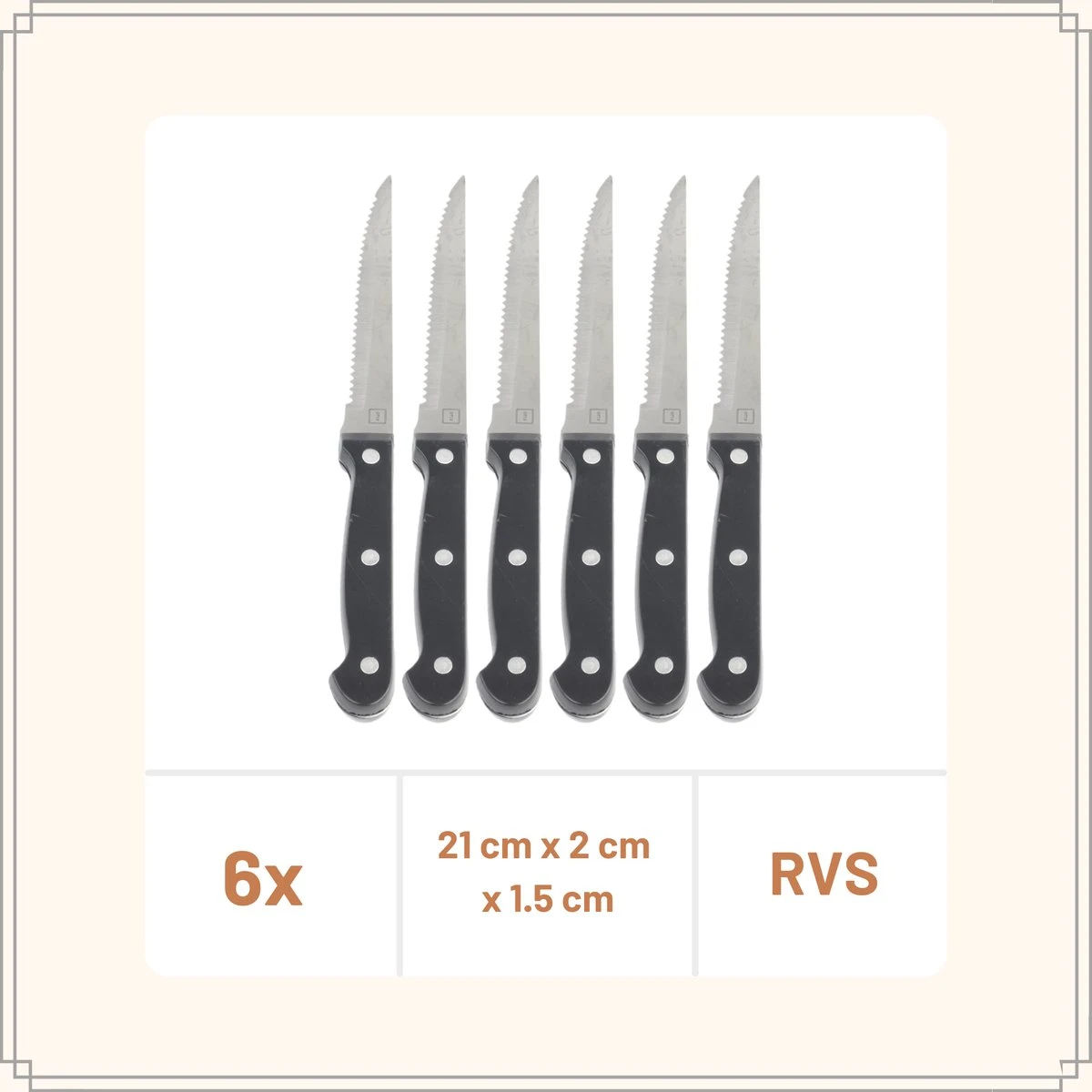 OTIX Steakmessen - Set Van 6 Stuks - Zwart - Vaatwasserbestendig - 21x2x1,5cm - Steakmessenset - RVS 8 OTIX Steakmessen - Set Van 6 Stuks - Zwart - Vaatwasserbestendig - 21x2x1,5cm - Steakmessenset - RVS - Afbeelding 6