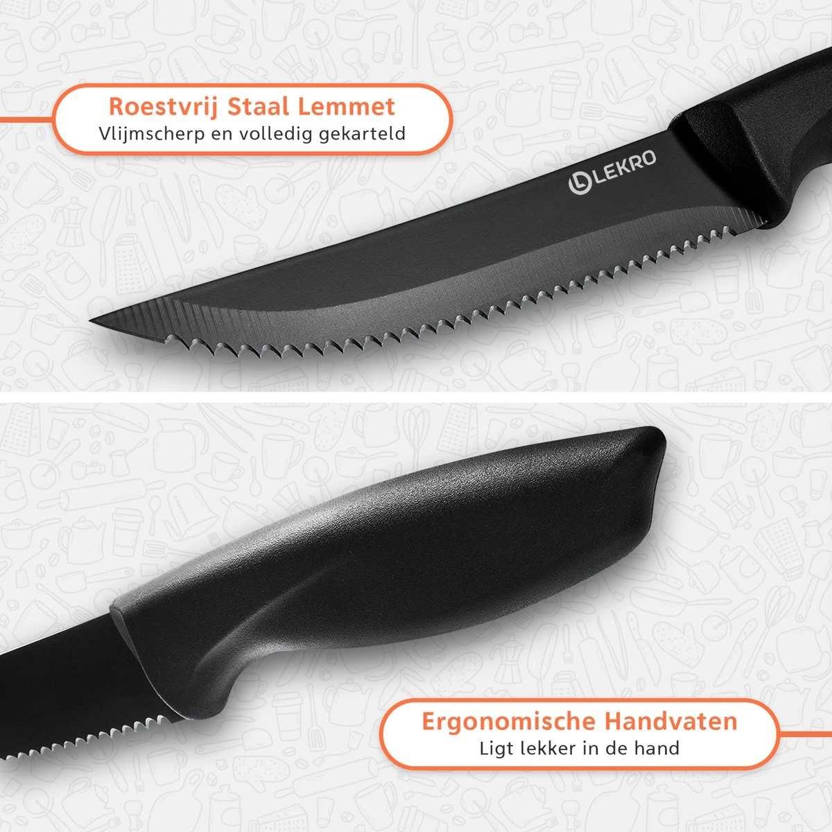 Lekro Steakmessen – 8-delige Steakmessenset – Vaatwasserbestendig - RVS - Zwart 5 Lekro Steakmessen – 8-delige Steakmessenset – Vaatwasserbestendig - RVS - Zwart - Afbeelding 3