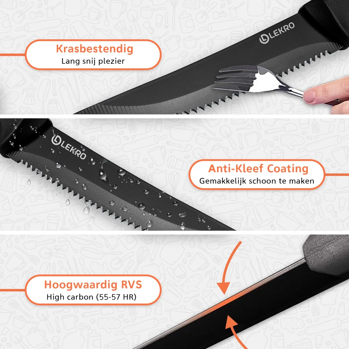 Lekro Steakmessen – 8-delige Steakmessenset – Vaatwasserbestendig - RVS - Zwart 6 Lekro Steakmessen – 8-delige Steakmessenset – Vaatwasserbestendig - RVS - Zwart - Afbeelding 4