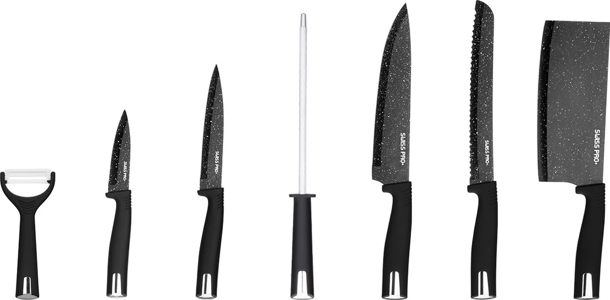 Swiss Pro+ - SP-KSBLK-S - 8-delige Keukenmessenset Met Standaard - Keramisch Messenset - RVS - Inclusief Messenblok - Zwart 6 Swiss Pro+ - SP-KSBLK-S - 8-delige Keukenmessenset Met Standaard - Keramisch Messenset - RVS - Inclusief Messenblok - Zwart - Afbeelding 4