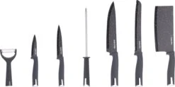 Swiss Pro+ | SP-KSBLK-S | 8-delige Keukenmessenset Met Standaard | Keramisch Messenset | RVS | Inclusief Messenblok | Grijs -Skimask 1200x596