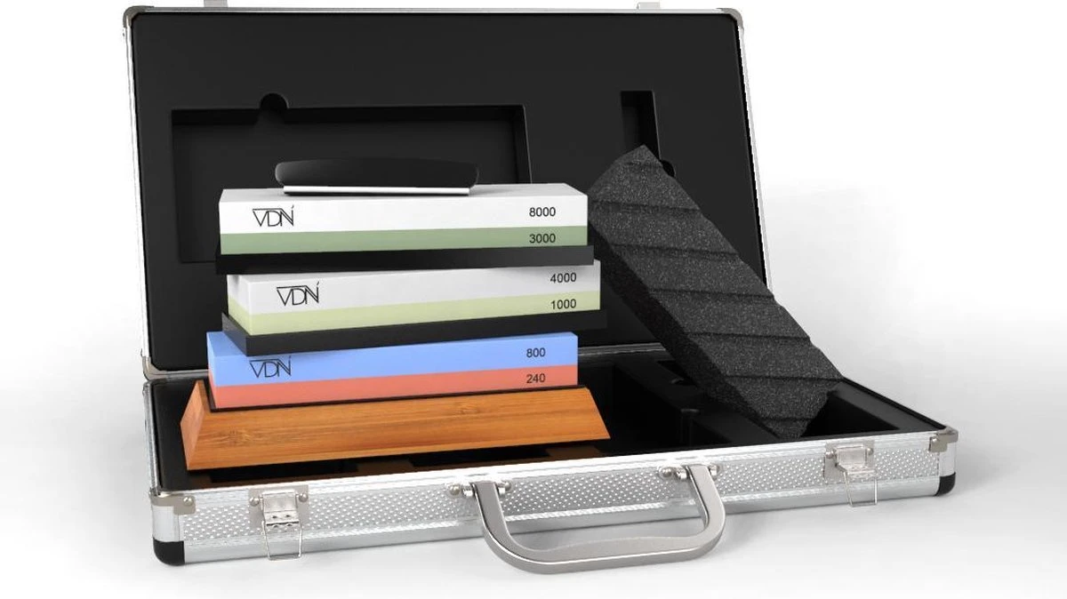 Complete Wetsteen Set Van 6 Grofheden – Dubbelzijdige Slijpsteen Set Met Luxe Koffer En Grote Vlaksteen – Voor Het Slijpen Van Messen E.d. Van VDN