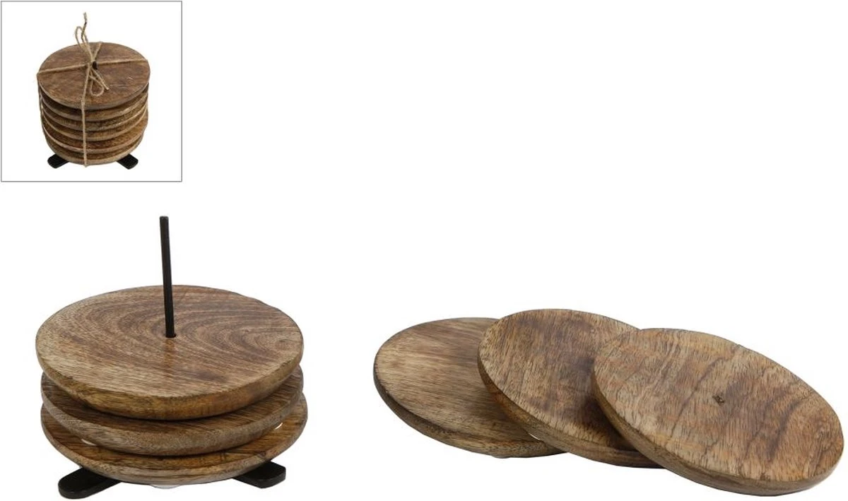 Onderzetters Mangohout Op Houder - 6 Stuks - 10cm 3 Onderzetters Mangohout Op Houder - 6 Stuks - 10cm