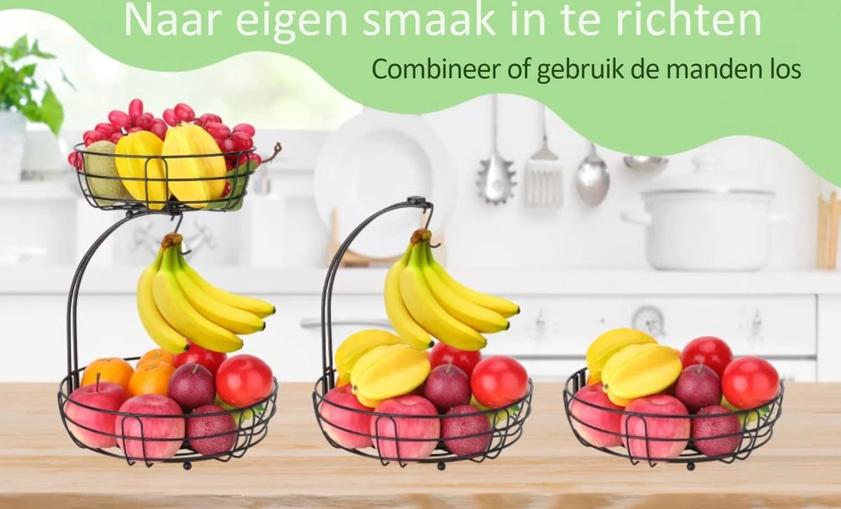 Fruitmand – Fruitschaal – Fruitmand Zwart – Etagere 2 Lagen – Aanrecht Organiser – Zwart 7 Fruitmand – Fruitschaal – Fruitmand Zwart – Etagere 2 Lagen – Aanrecht Organiser – Zwart - Afbeelding 5