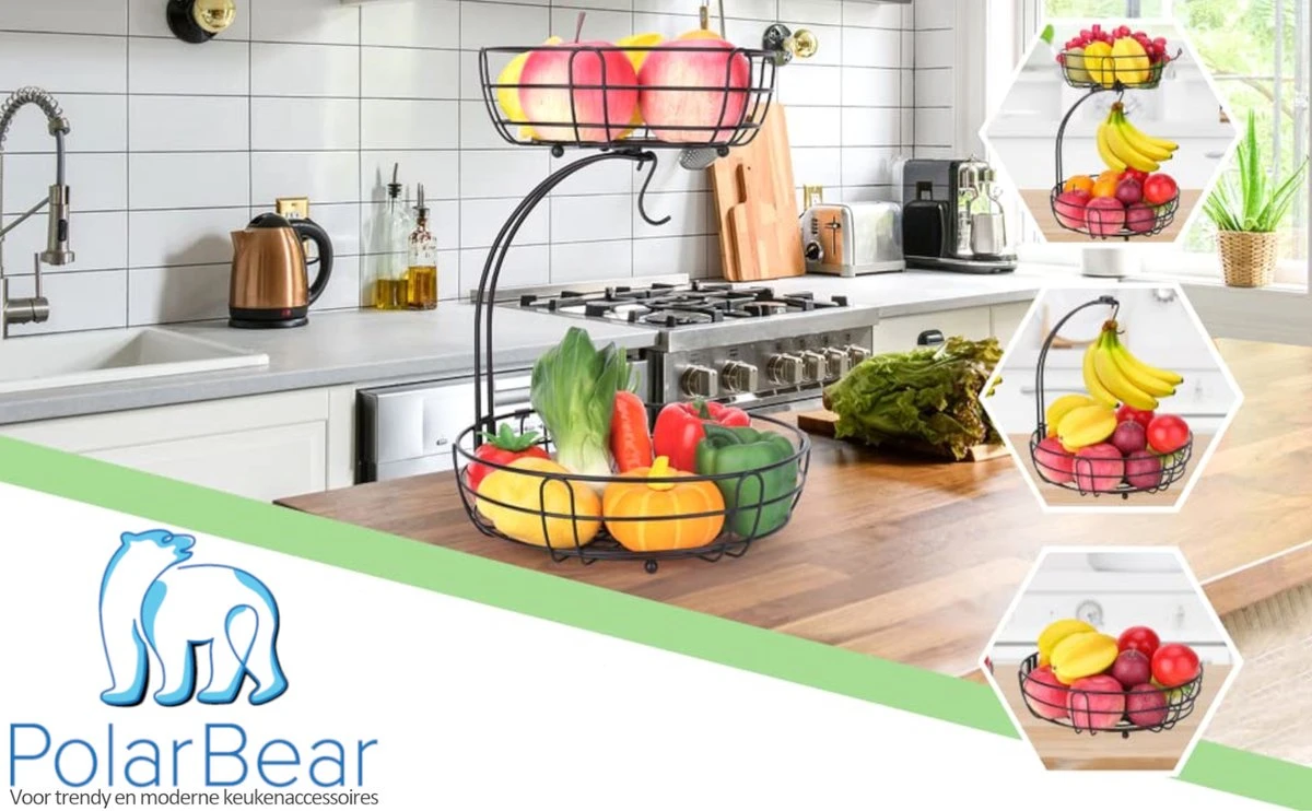 Fruitmand – Fruitschaal – Fruitmand Zwart – Etagere 2 Lagen – Aanrecht Organiser – Zwart 6 Fruitmand – Fruitschaal – Fruitmand Zwart – Etagere 2 Lagen – Aanrecht Organiser – Zwart - Afbeelding 4