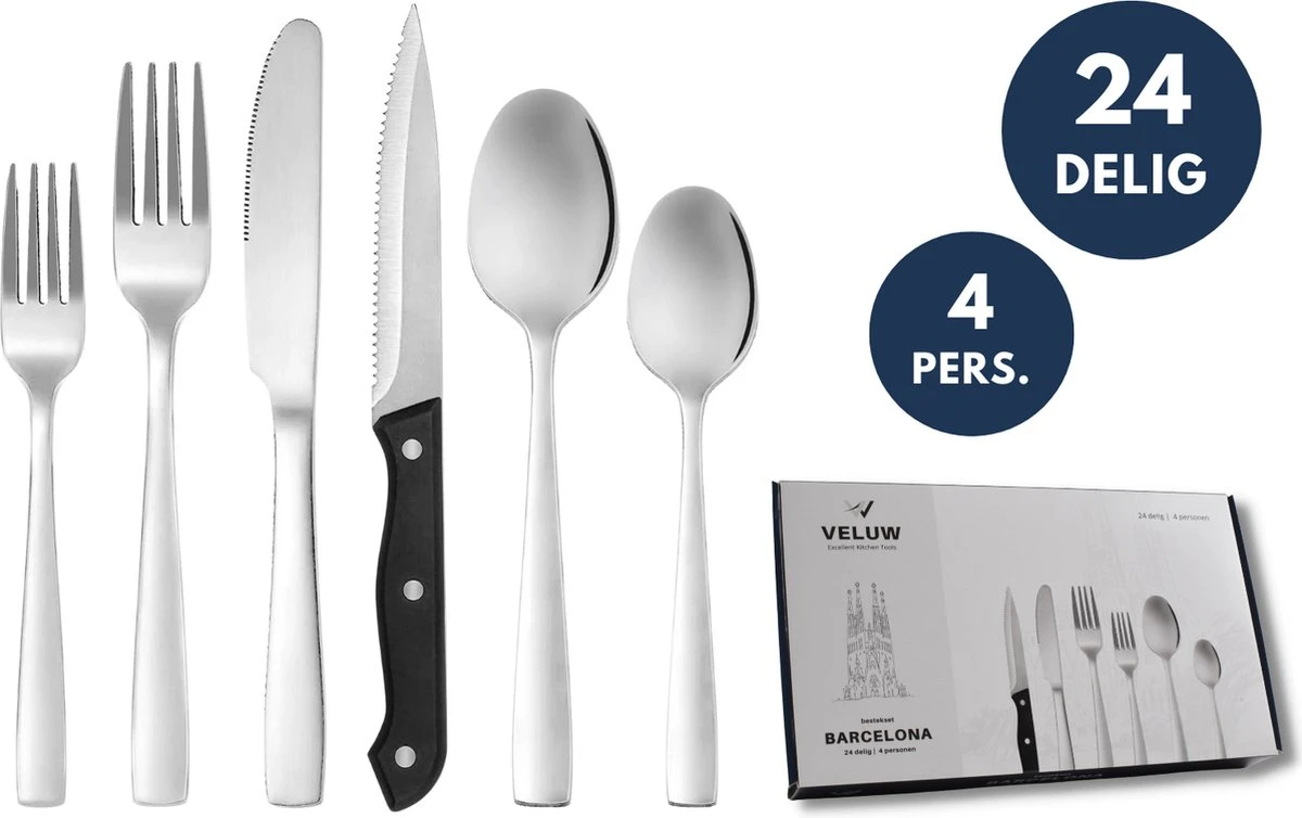 Veluw Bestekset 4 Persoons - Barcelona Bestekset 24 Delig - RVS 18/0 3 Veluw Bestekset 4 Persoons - Barcelona Bestekset 24 Delig - RVS 18/0