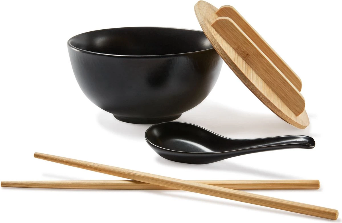 Ernesto Ramen Set Met Bamboe Deksel - Set: 5 Delig - Materiaal: Bamboe | Aardewerk - Kleur: Zwart - Voor Het Stijlvolle Ramen Genot - Aardewerk Lepel – In Traditionele Vorm - Met Bamboe Deksel Voor Het Warm Houden - Japanse Noodle Bowl Noodles 4 Ernesto Ramen Set Met Bamboe Deksel - Set: 5 Delig - Materiaal: Bamboe | Aardewerk - Kleur: Zwart - Voor Het Stijlvolle Ramen Genot - Aardewerk Lepel – In Traditionele Vorm - Met Bamboe Deksel Voor Het Warm Houden - Japanse Noodle Bowl Noodles - Afbeelding 2