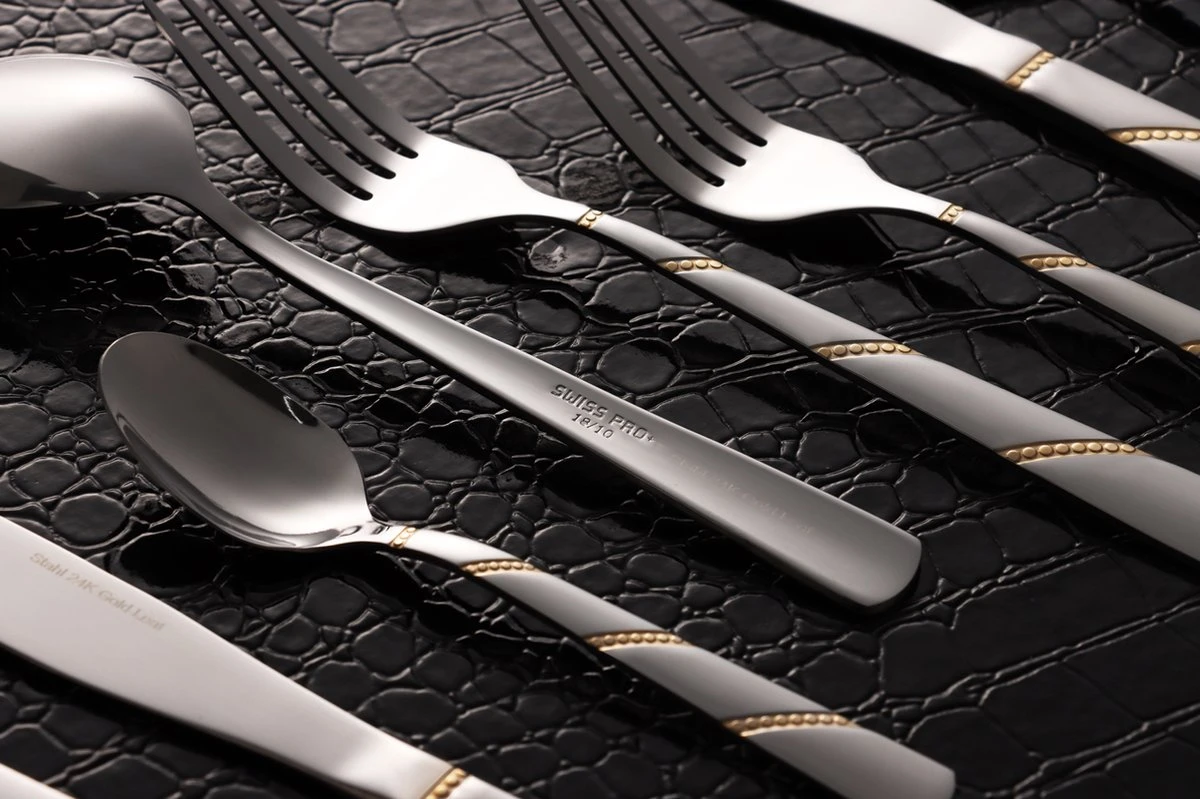 Swiss Pro+ Bestekset In Koffer-72 Delig-12 Persoons-Zwitsers Kwaliteit-Complete Set-100% Roestvrijstaal-Modern Gold 9 Swiss Pro+ Bestekset In Koffer-72 Delig-12 Persoons-Zwitsers Kwaliteit-Complete Set-100% Roestvrijstaal-Modern Gold - Afbeelding 7