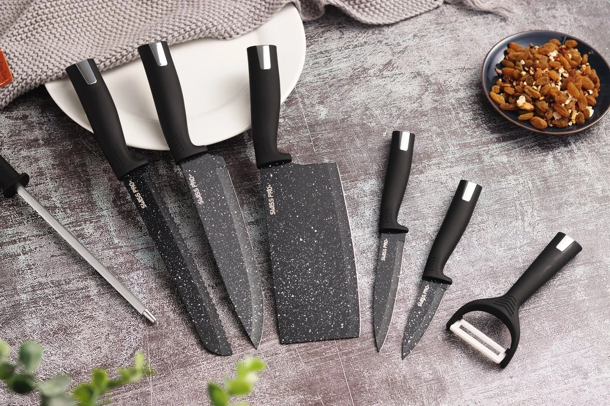 Swiss Pro+ - SP-KSBLK-S - 8-delige Keukenmessenset Met Standaard - Keramisch Messenset - RVS - Inclusief Messenblok - Zwart 9 Swiss Pro+ - SP-KSBLK-S - 8-delige Keukenmessenset Met Standaard - Keramisch Messenset - RVS - Inclusief Messenblok - Zwart - Afbeelding 7
