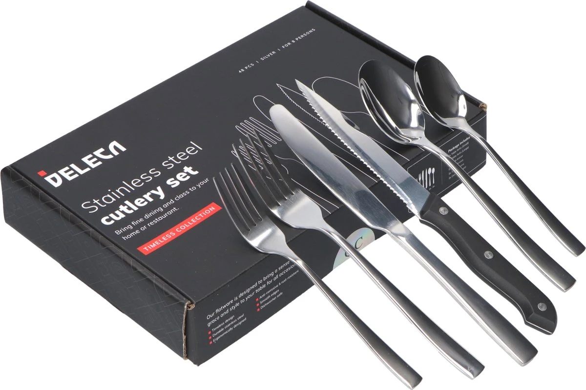 Deleca 8 Persoons Bestekset (48-delig) - Lepels, Messen, Vorken & Steakmessen - Vaatwasserbestendig - Zilver / RVS 11 Deleca 8 Persoons Bestekset (48-delig) - Lepels, Messen, Vorken & Steakmessen - Vaatwasserbestendig - Zilver / RVS - Afbeelding 9