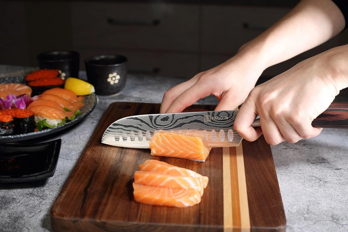 PAUDIN N5 Professioneel RVS Japans Santoku Mes - 17,5 Cm - Hoogwaardig Roestvast Duits Carbonstaal - Damascus Patroon - Cadeau Tip 12 PAUDIN N5 Professioneel RVS Japans Santoku Mes - 17,5 Cm - Hoogwaardig Roestvast Duits Carbonstaal - Damascus Patroon - Cadeau Tip - Afbeelding 11