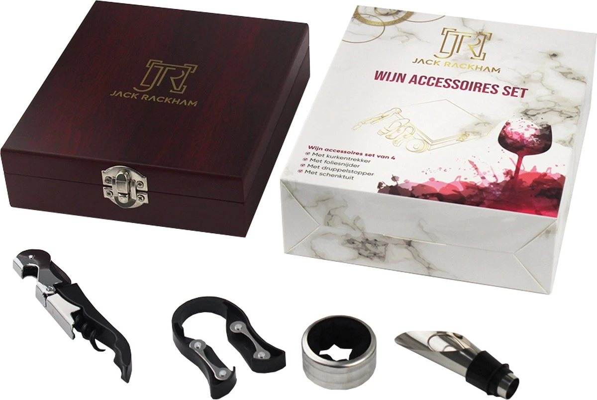 Wijnset - Wijn Accessoires - Geschenkset - Kurkentrekker - Druppelstopper - Wijnopener - Foliesnijder - Jack Rackham 3 Wijnset - Wijn Accessoires - Geschenkset - Kurkentrekker - Druppelstopper - Wijnopener - Foliesnijder - Jack Rackham