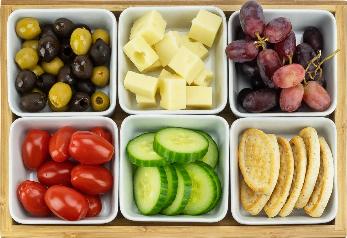 Krumble Borrelplank Met 6 Schaaltjes - Borrelplank - Tapasschaal - Serveerschaal Met Vakjes - Snackschaal - Snack- & Tappasschalen - Serveerplanken- Serveerschalen - Hout En Keramiek - 6 Delig Schaaltjes - Wit En Bruin 5 Krumble Borrelplank Met 6 Schaaltjes - Borrelplank - Tapasschaal - Serveerschaal Met Vakjes - Snackschaal - Snack- & Tappasschalen - Serveerplanken- Serveerschalen - Hout En Keramiek - 6 Delig Schaaltjes - Wit En Bruin - Afbeelding 3