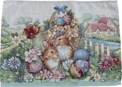 Merkloos Placemat - Luxe Gobelinstof - Pasen - Groen - Met Konijntjes En Paasmandje- 35 X 45 Cm -Skimask 1200x865 6