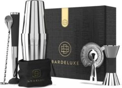 BarDeluxe® Bosten Shaker Cocktail Set - 5-Delig - Boston Shaker - Cocktail Set - Cocktail Stamper - Cocktail Zeef - Bar Lepel - Inclusief Receptenboek + Bewaarhoes - Cocktail Set Zilver