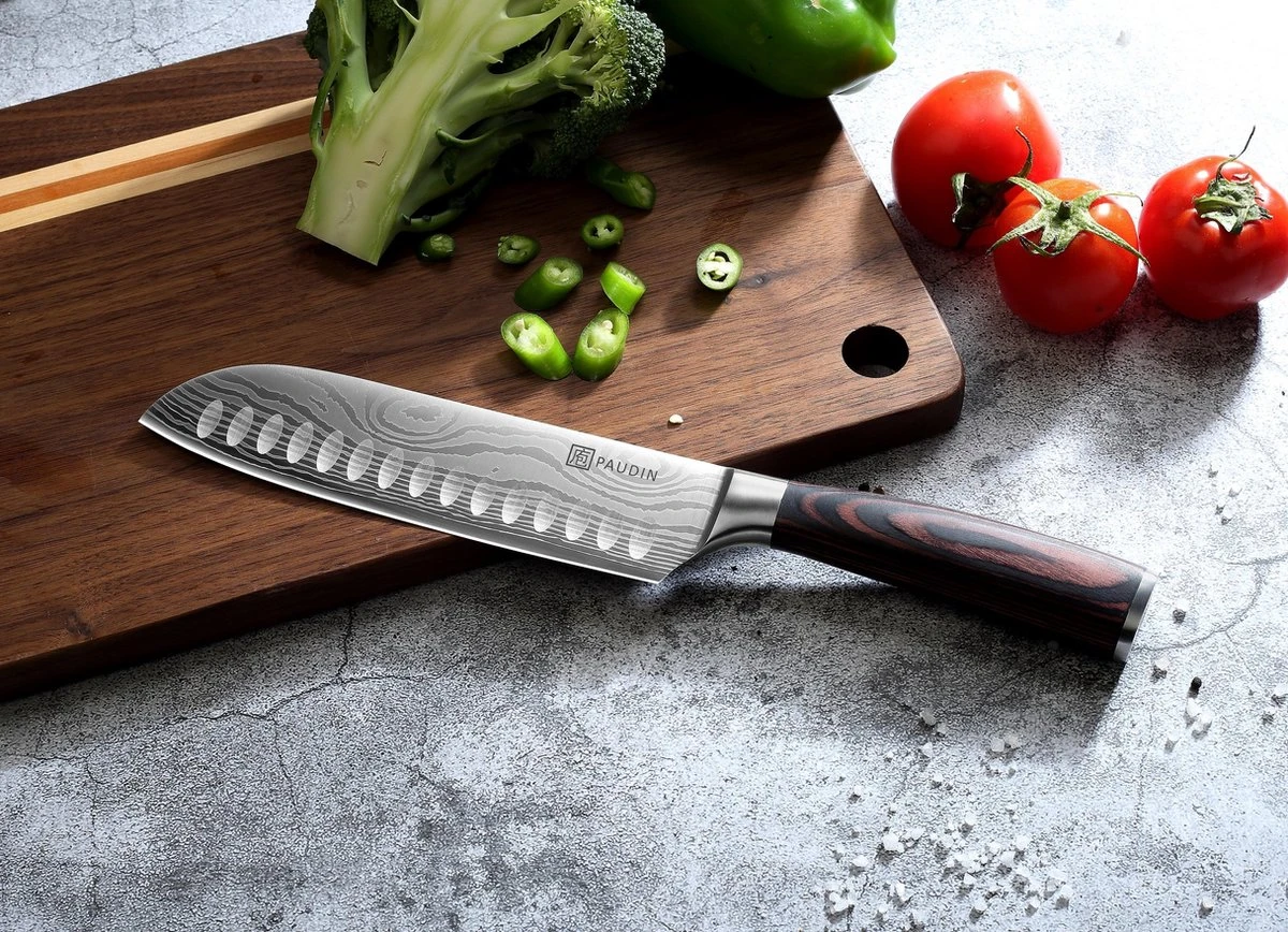 PAUDIN N5 Professioneel RVS Japans Santoku Mes - 17,5 Cm - Hoogwaardig Roestvast Duits Carbonstaal - Damascus Patroon - Cadeau Tip 13 PAUDIN N5 Professioneel RVS Japans Santoku Mes - 17,5 Cm - Hoogwaardig Roestvast Duits Carbonstaal - Damascus Patroon - Cadeau Tip - Afbeelding 12
