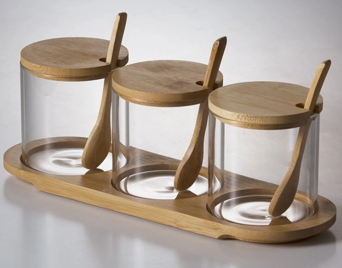 Suikerpot Met Deksel - Suikerbus - Vooraadpotten Glas En Hout - Voro Serveren Koffie & Thee - Set Van 3 4 Suikerpot Met Deksel - Suikerbus - Vooraadpotten Glas En Hout - Voro Serveren Koffie & Thee - Set Van 3 - Afbeelding 2