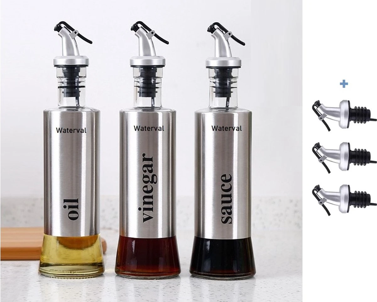 Waterval RVS Olijfoliefles Set Deluxe 500ML - Olieflessen Met Schenktuit – 3 Olijfolie Flessen - Olie Fles Glas - Cadeautip 4 Waterval RVS Olijfoliefles Set Deluxe 500ML - Olieflessen Met Schenktuit – 3 Olijfolie Flessen - Olie Fles Glas - Cadeautip - Afbeelding 2
