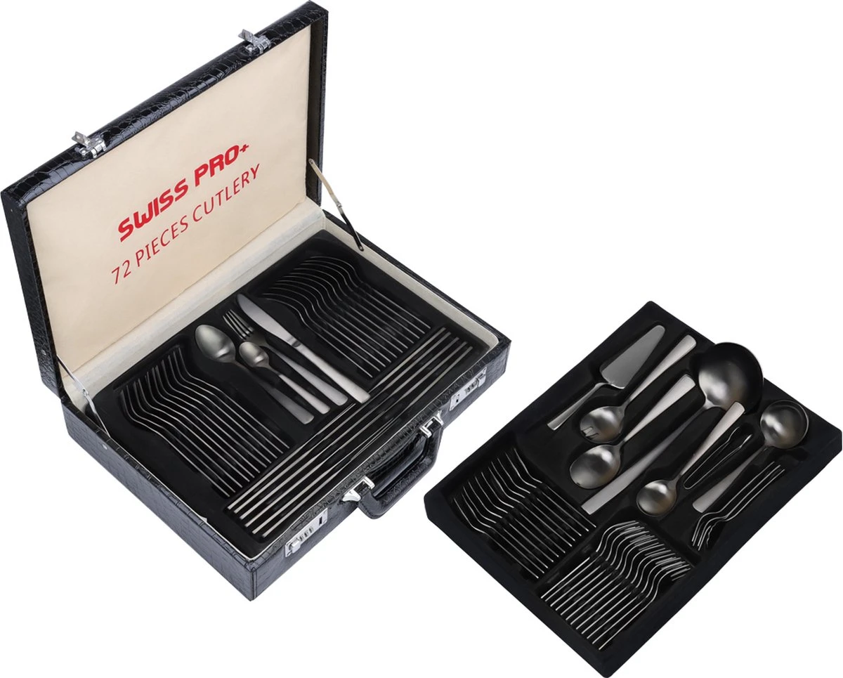 Swiss Pro+ Bestekset In Koffer-72 Delig-12 Persoons-Zwitsers Kwaliteit-Complete Set-100% Roestvrijstaal- Zwart 4 Swiss Pro+ Bestekset In Koffer-72 Delig-12 Persoons-Zwitsers Kwaliteit-Complete Set-100% Roestvrijstaal- Zwart - Afbeelding 2