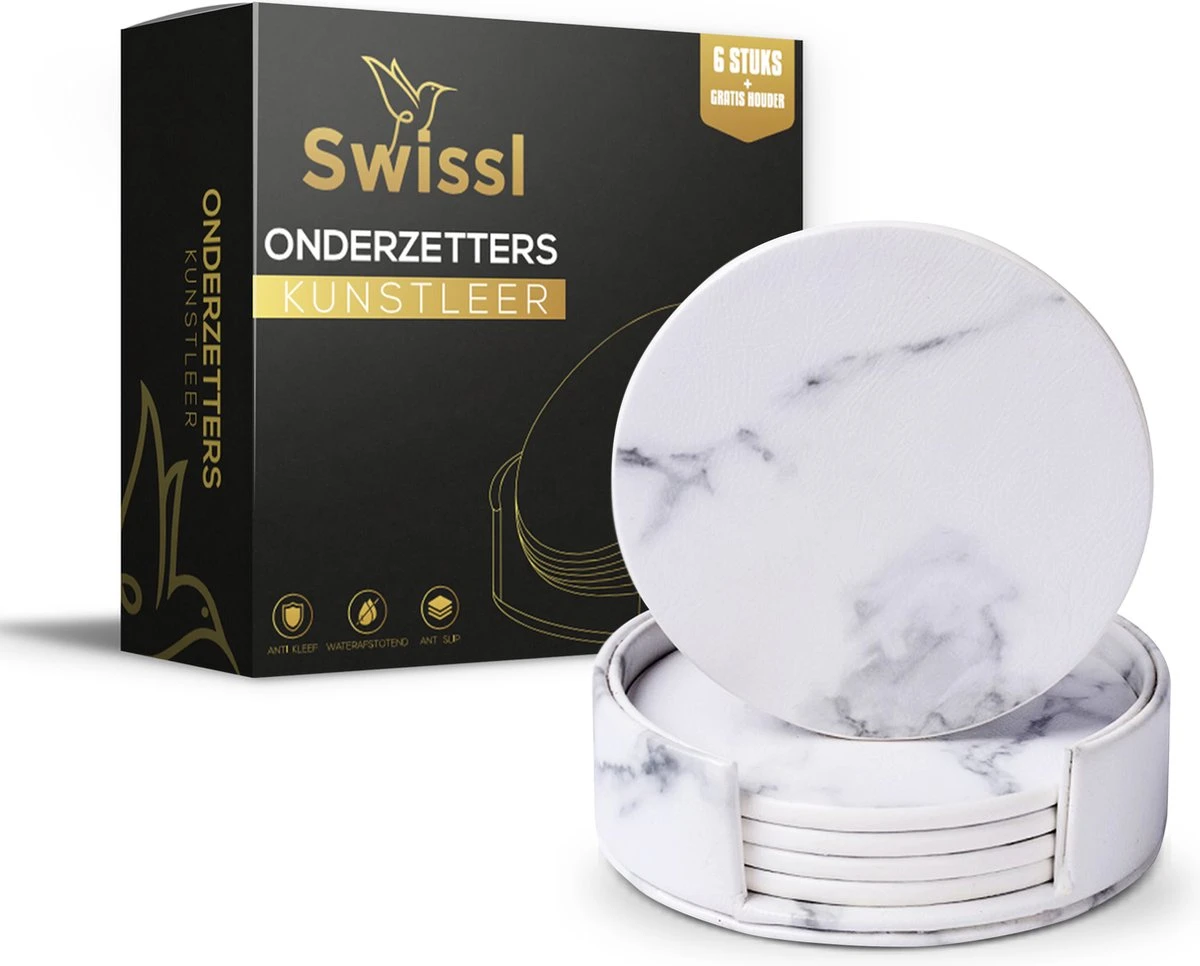 Onderzetters Voor Glazen Met Houder Swissl - Wit - Kunstleer - Marmeren Uitstraling 6 Stuks - Onderleggers 11 Onderzetters Voor Glazen Met Houder Swissl - Wit - Kunstleer - Marmeren Uitstraling 6 Stuks - Onderleggers - Afbeelding 9