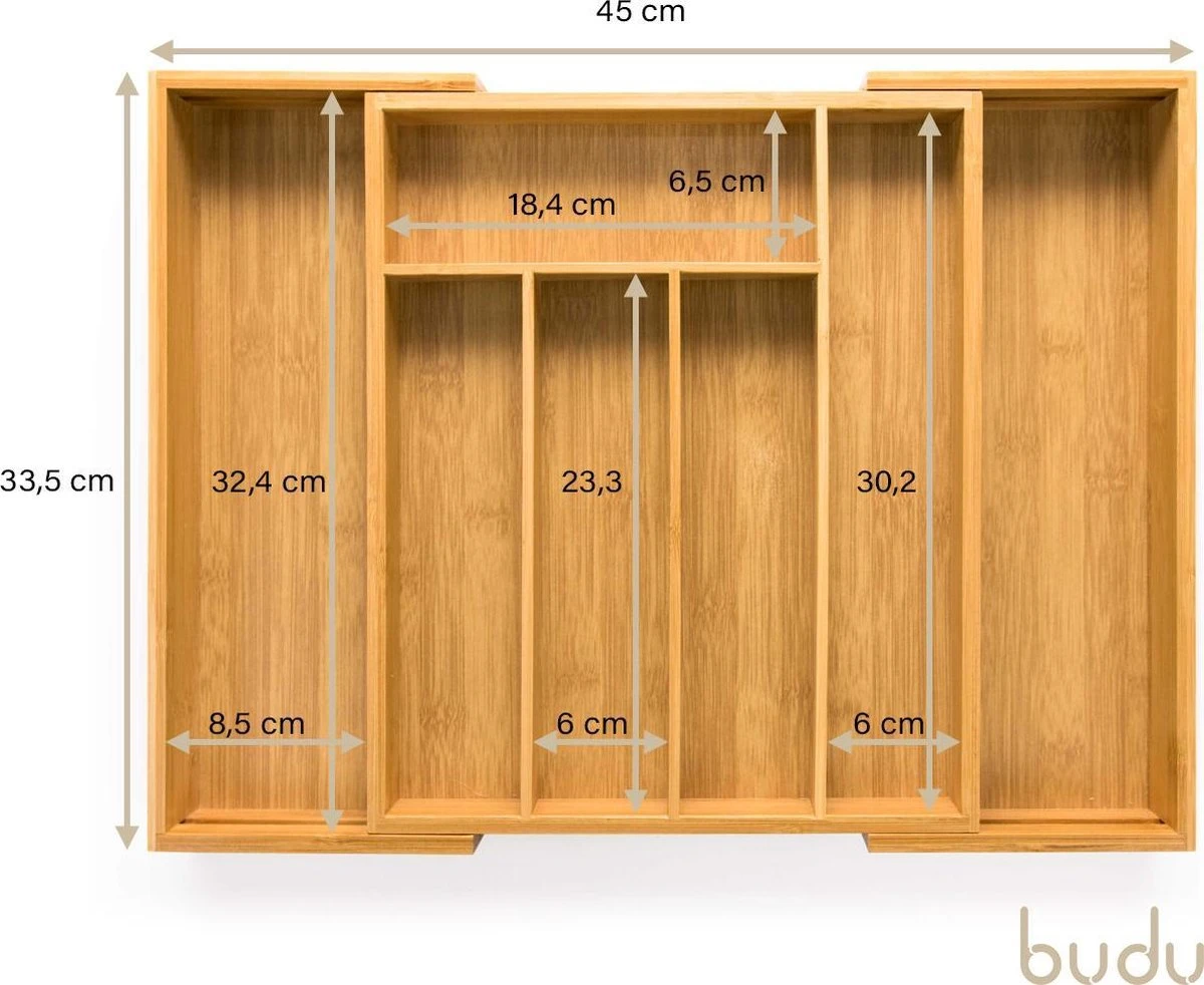Budu Uitschuifbare Bamboe Bestekbak #33,5 (33,5 Cm Diep) - Bestekcassette Hout - Besteklade - 33,5 X 28 - 45 Cm - 5/7 Vakken 9 Budu Uitschuifbare Bamboe Bestekbak #33,5 (33,5 Cm Diep) - Bestekcassette Hout - Besteklade - 33,5 X 28 - 45 Cm - 5/7 Vakken - Afbeelding 7