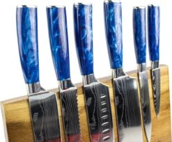 Shinrai Japan - Messenset Met Blok – 6 Delig – Messensetblok – Mes – Koksmes - Japanse Damascus Print Sapphire - Met Luxe Geschenkdoos -Skimask 1200x991