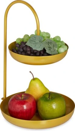 Relaxdays Fruitschaal Etagère 2 Laags - Dubbele Fruitmand Goud - Rond - Keuken - Metaal