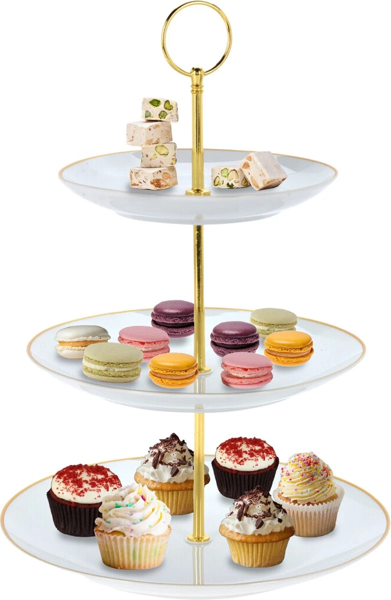 Excellent Houseware Etagère 3 Laags - Porselein - Goud 4 Excellent Houseware Etagère 3 Laags - Porselein - Goud - Afbeelding 2