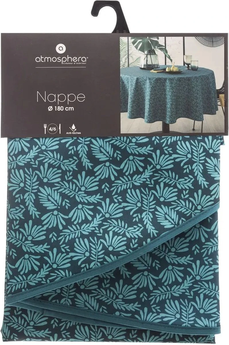 ATMOSPHERA Tafelkleed Van Polyester Rond Diameter 180 Cm - Blad Print Blauw - Eettafel Tafelkleden 6 ATMOSPHERA Tafelkleed Van Polyester Rond Diameter 180 Cm - Blad Print Blauw - Eettafel Tafelkleden - Afbeelding 4