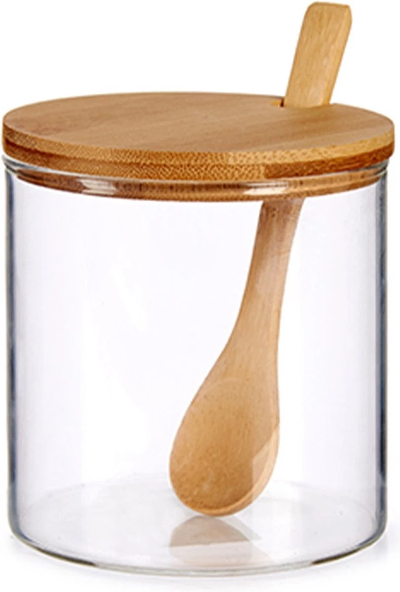 Suikerkom / Suikerpotje Glas Met Bamboe Houten Lepel En Deksel 520 ML 3 Suikerkom / Suikerpotje Glas Met Bamboe Houten Lepel En Deksel 520 ML