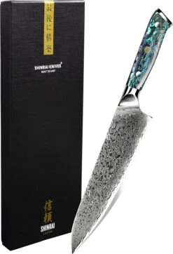 Shinrai Japan - Japans Koksmes 20 Cm - Koksmes - Damascus Mes - Parelmoer Jewels - Met Luxe Geschenkdoos