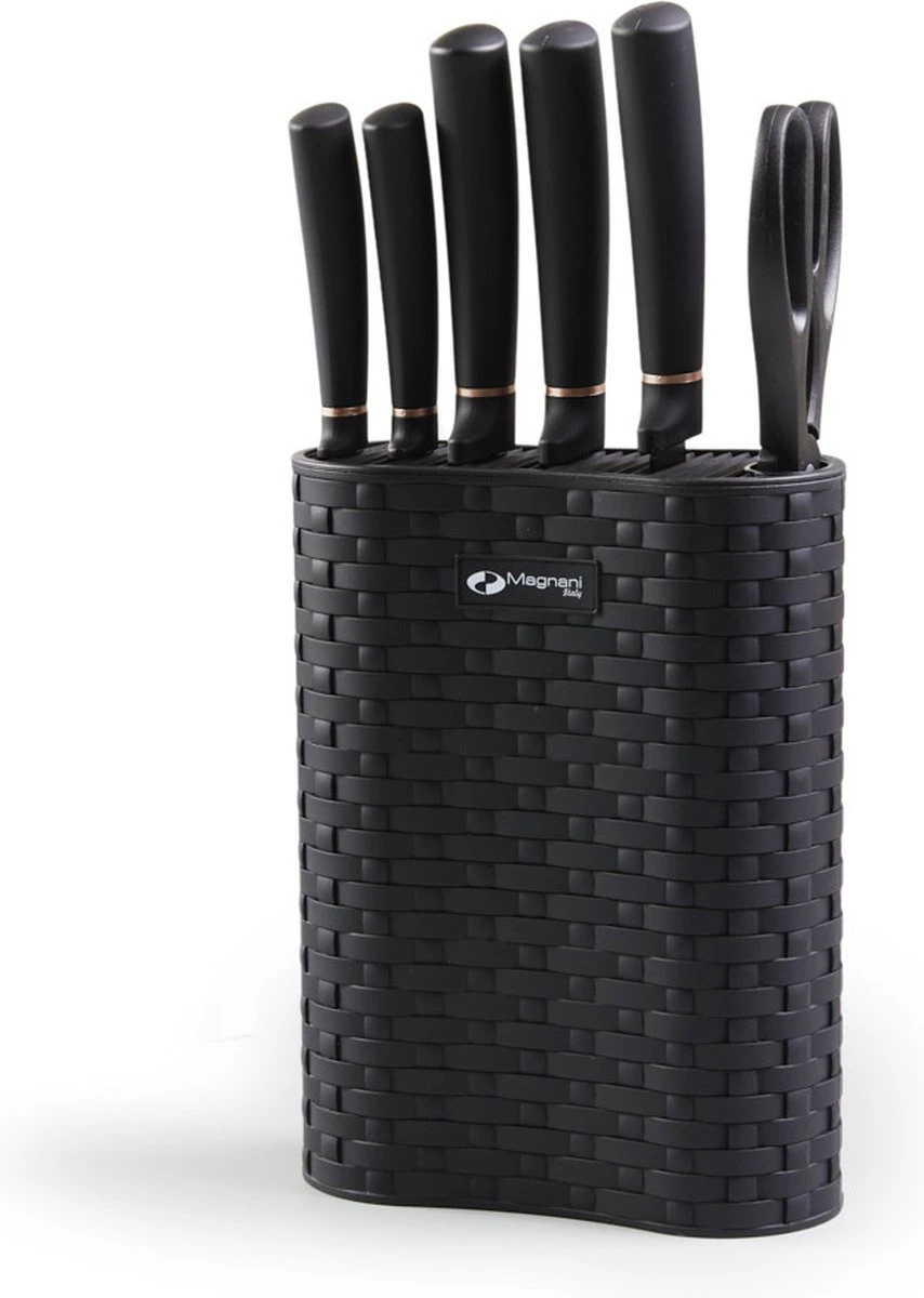 Magani - Zwarte Messenset - 6-delig - RVS - Vaatwasserbestendig - Inclusief Schaar En Messenhouder 8 Magani - Zwarte Messenset - 6-delig - RVS - Vaatwasserbestendig - Inclusief Schaar En Messenhouder - Afbeelding 6