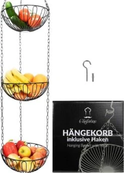 Chefarone Hangende Fruitmand - Fruitschaal 130 CM - Keukenhanger 3 Manden - Fruithangmand - Zwart